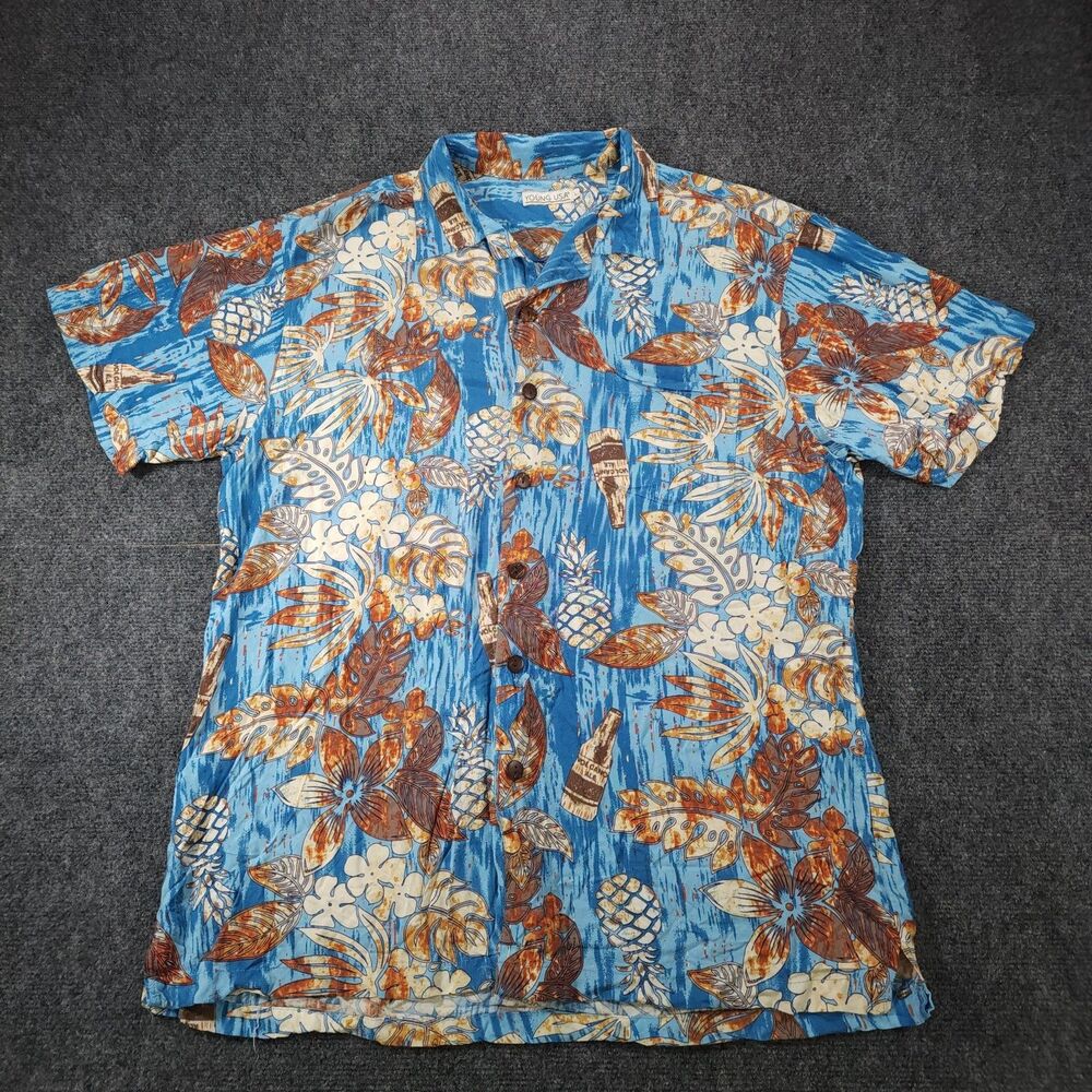 Young USA Hawaiian Shirt Men L Blue Volcano Ale Novelty Tropical Print